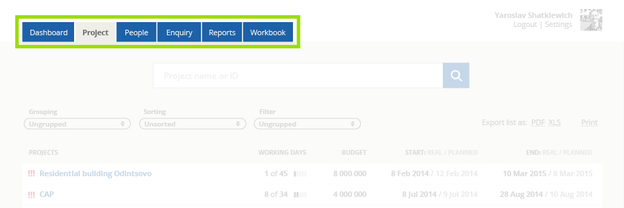 navigation in the Engex Workbook web application