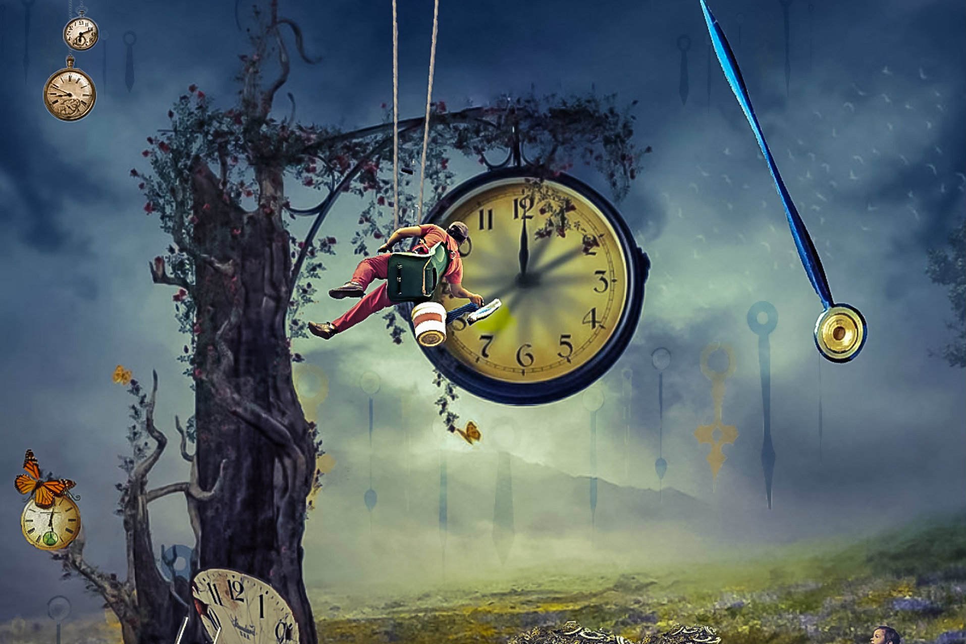 Fairy tale illustration with a tree and a platform clock which is painted by a man on a swing