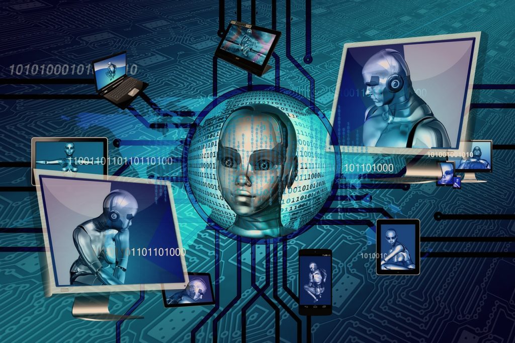 An image of multiple devices connected with each other and with robots on their display screens