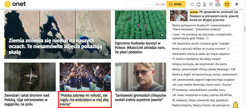 an image of the home page of Onet.pl where the most important content is promoted