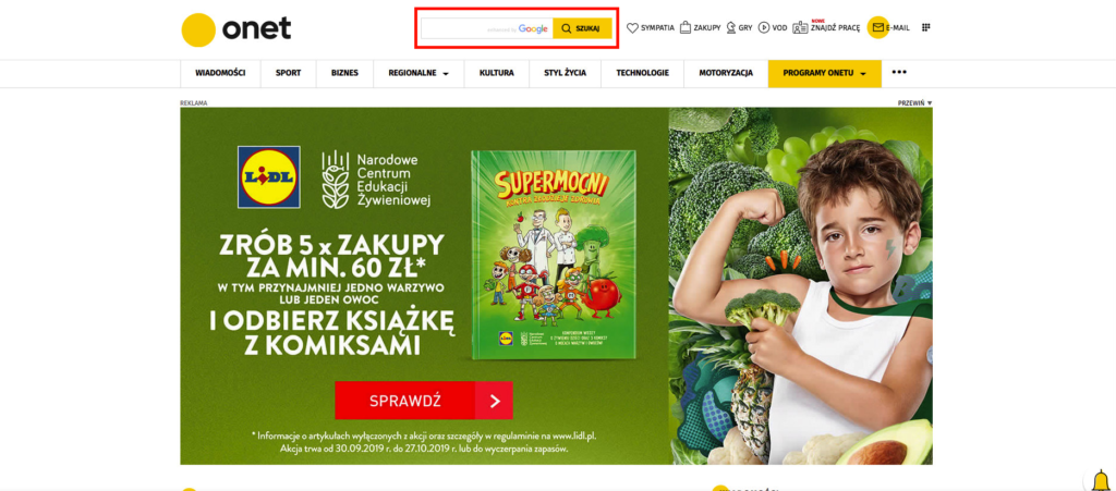 an example of a well-visible search bar on the home page of the onet.pl website