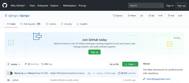 Example of GitHub.com code repository. Django Framework