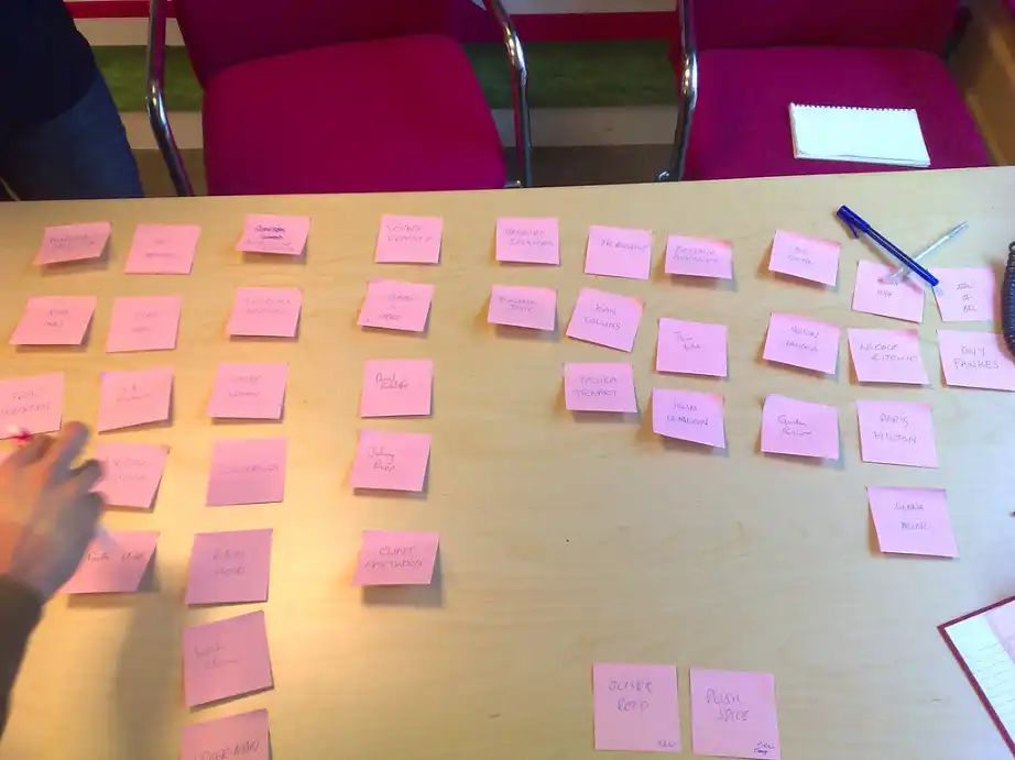sorting sticky notes on a table