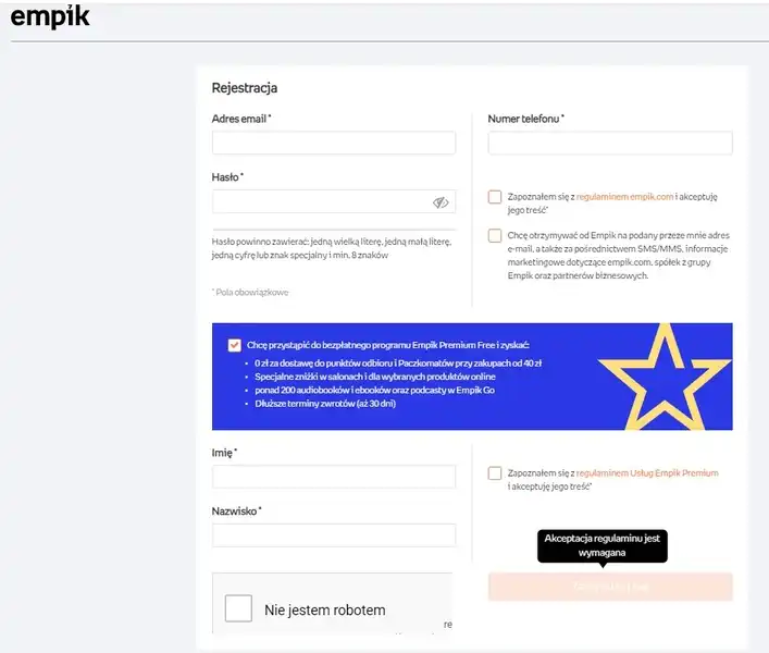 Registration form in an online store - Empik