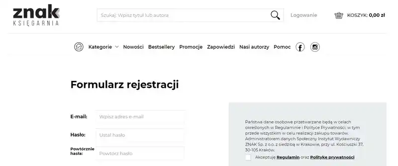 UX in an online store - registration form in Znak bookstore