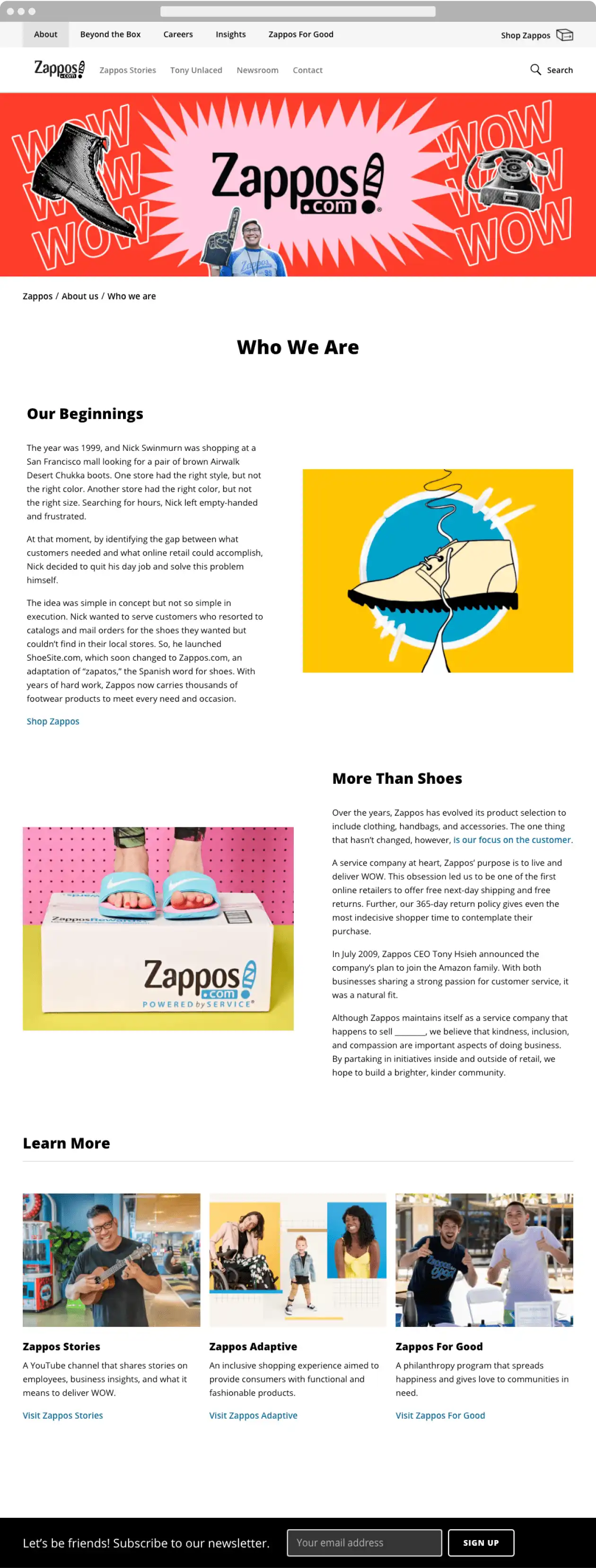 Zappos company on the About us subpage is building an image of being a friend