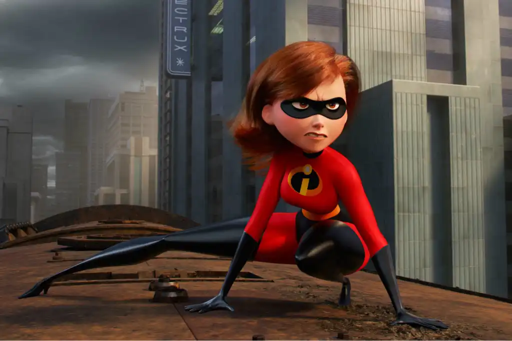 A frame from the animation "The Incredibles" showing Elastagirl on the roof of a train