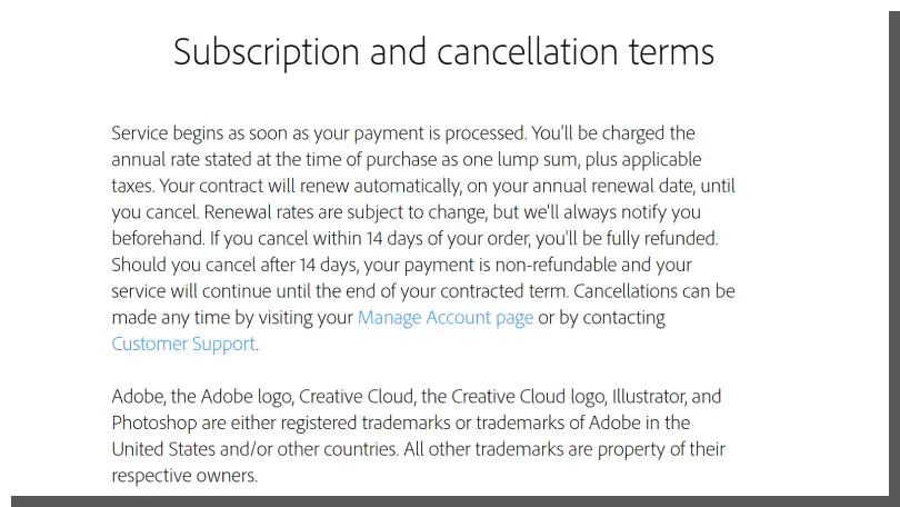 Terms of subscription cancellation on Adobe's site