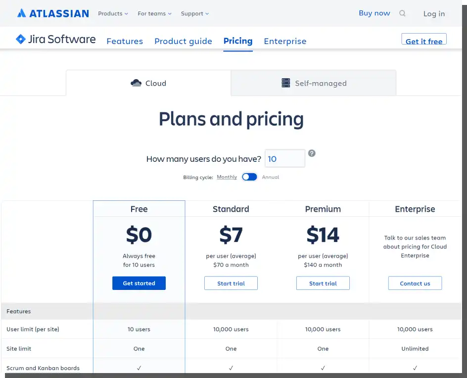 Pricing page on Atlassian.com