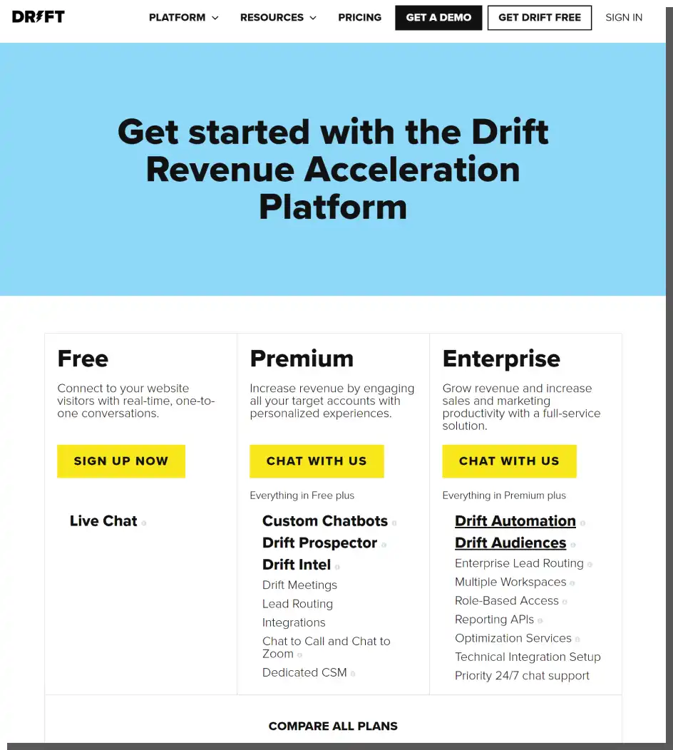 A hidden price list on Drift's website