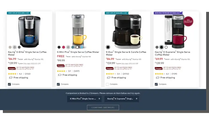 Comparison of coffee makers on Keurig.com