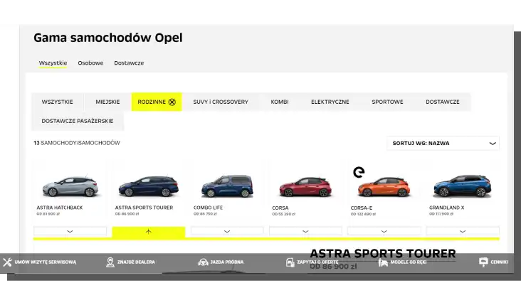 Comparison of various car models on Opel.pl