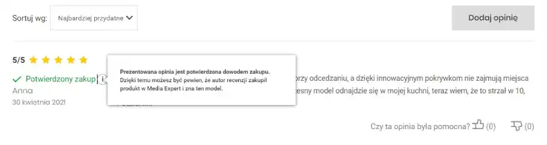 An example of a 5 star opinion at MediaExpert.pl
