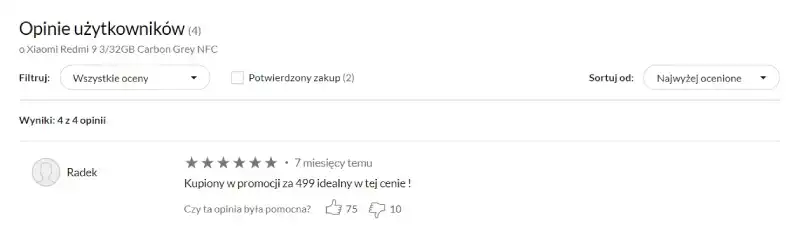 The option to rate the usefulness of a review at X-kom.pl