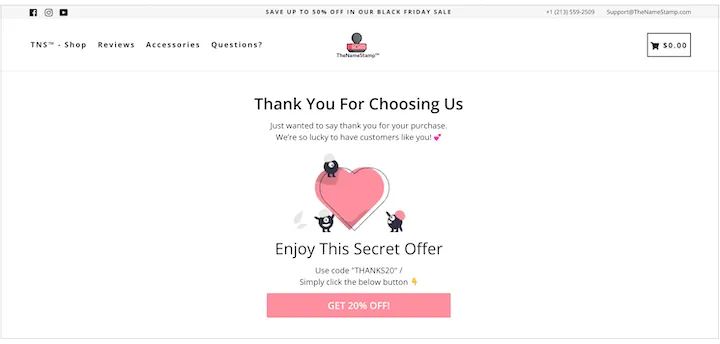 An example of a thank you page that also offers a discount code for the next purchase