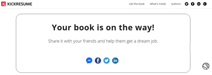 An example of a thank you page from Kickresume for buying a book