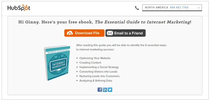 A thank you page on HubSpot with a free eBook
