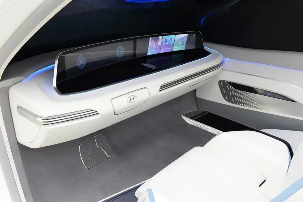 The interior of a Hyundai car with in-dash monitors showcased at CES 2017