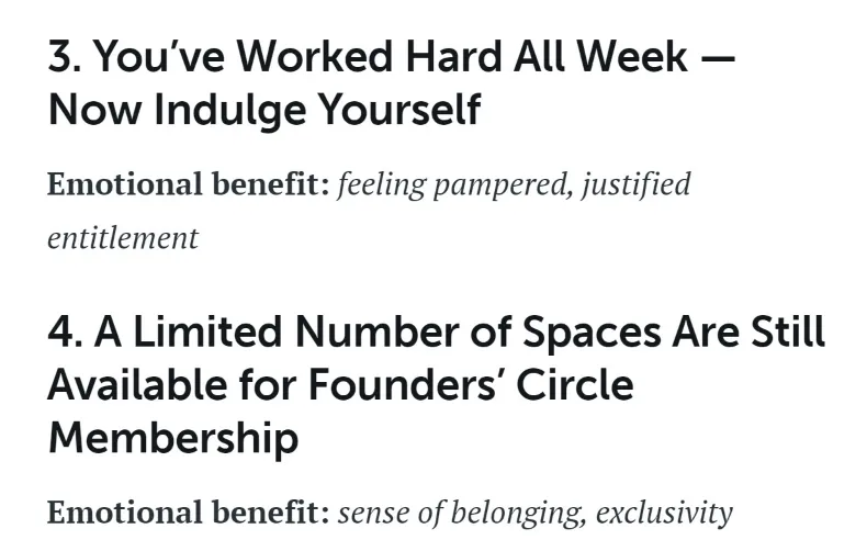 Comparison of two headlines "You've worked hard all week - now indulge yourself" and "A limited number of spaces are still available for founders' circle membership"