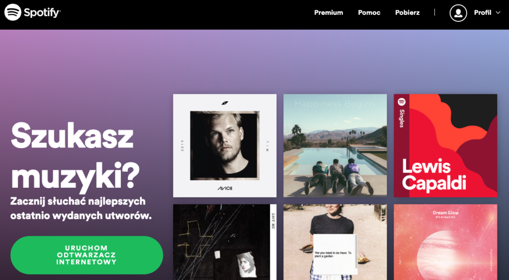 polska strona startowa serwisu Spotify z nawigacją z prawej strony