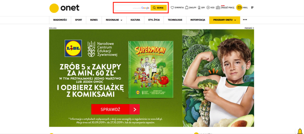 przykład dobrze widocznej przeglądarki na stronie głównej serwisu onet.pl