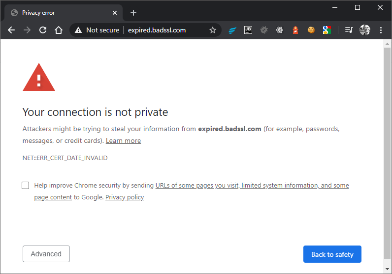 Komunikat przeglądarki o certyfikacie SSL, którego data ważności upłynęła.