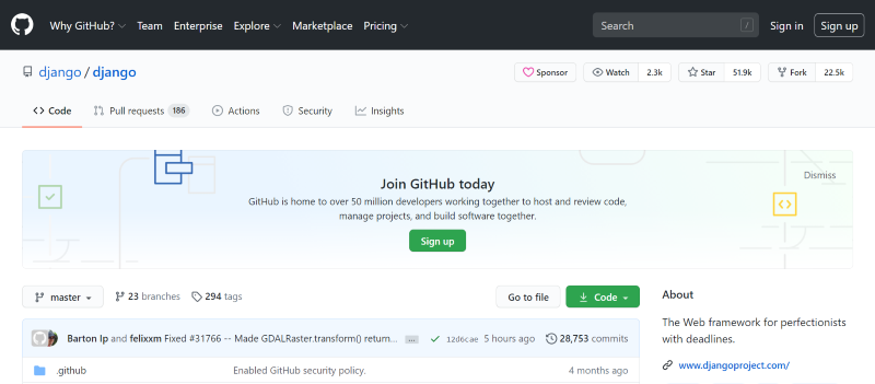 GitHub.com przykład repozytorium kodu. Framework Django