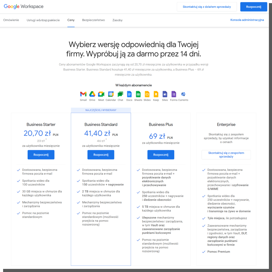 cennik na stronie b2b google