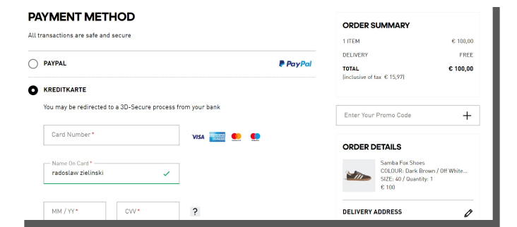 projektowanie formularza płatności - Adidas