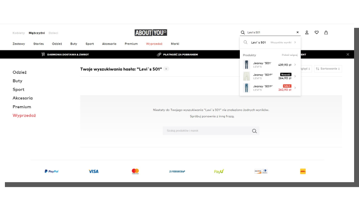 sortowanie produktów w sklepie internetowym - about you