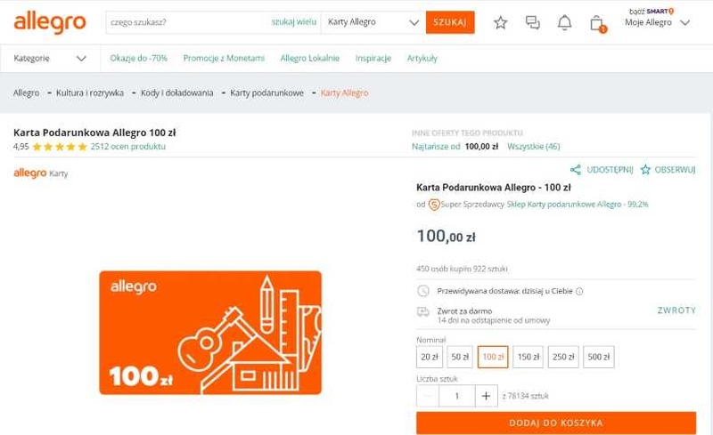 bony podarunkowe w sklepie internetowym