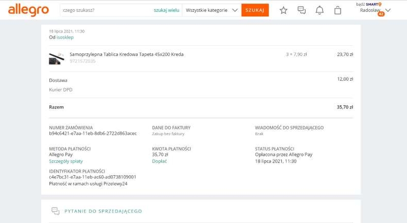 podsumowanie zamówienia w sklepie internetowym - allegro