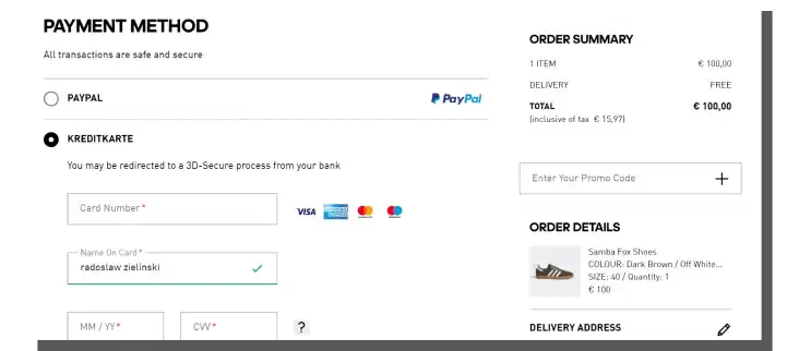 projektowanie formularza płatności - Adidas