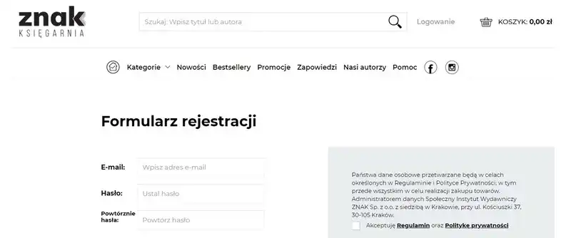 formularz rejestracji ux w sklepie online - księgarnia znak