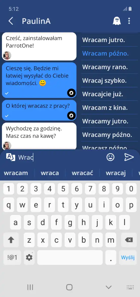 Okno rozmowy ParrotOne. aplikacja mobilna parrotone
