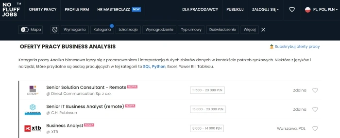 analityk biznesowy - oferty pracy